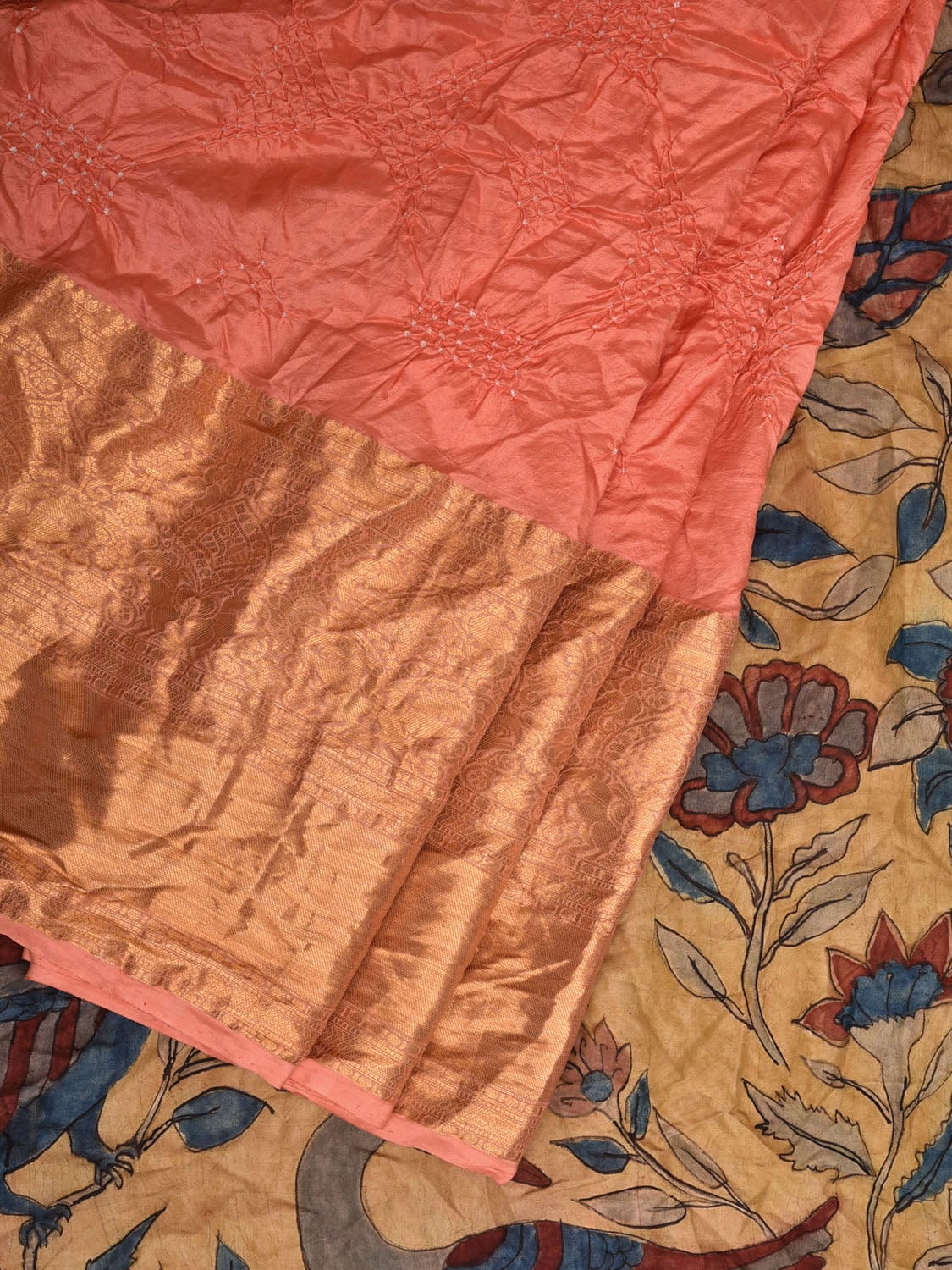 Peach Bandhani Kanchipuram Silk Handloom Saree with Kalamkari Hand Painted Pallu and Blouse Design bn0402