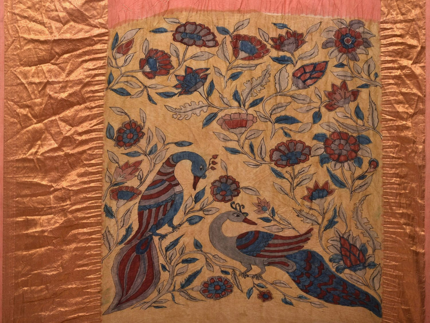 Peach Bandhani Kanchipuram Silk Handloom Saree with Kalamkari Hand Painted Pallu and Blouse Design bn0402