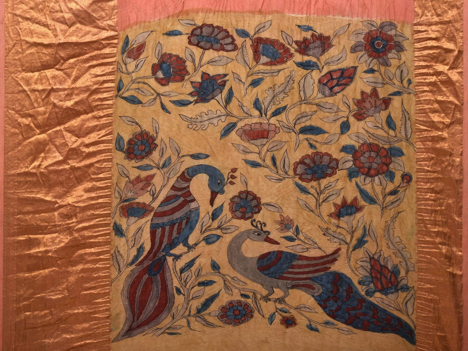 Peach Bandhani Kanchipuram Silk Handloom Saree with Kalamkari Hand Painted Pallu and Blouse Design bn0402