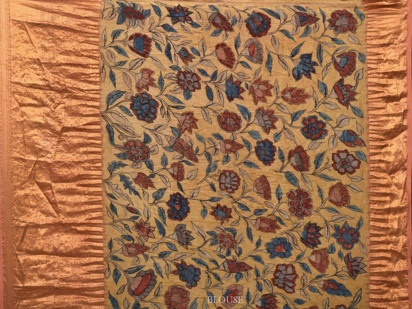 Peach Bandhani Kanchipuram Silk Handloom Saree with Kalamkari Hand Painted Pallu and Blouse Design bn0402