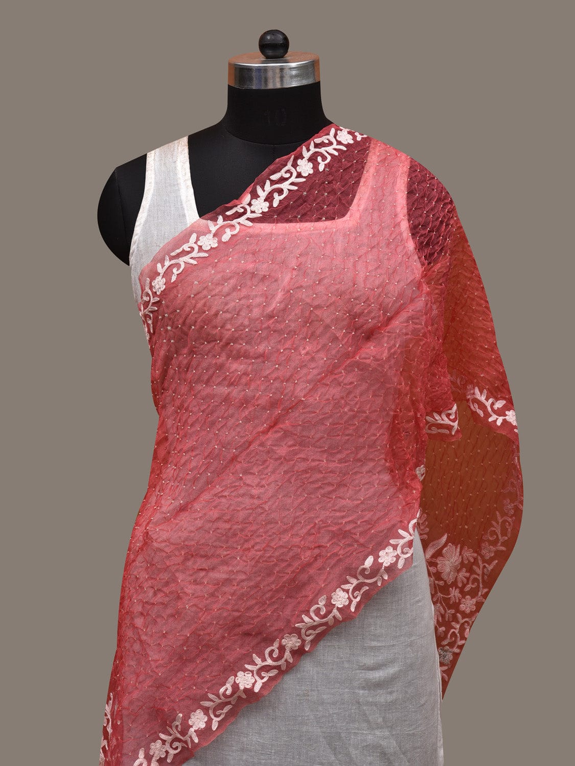 Peach Bandhani Organza Stole with Embroidary Work Design ds2856