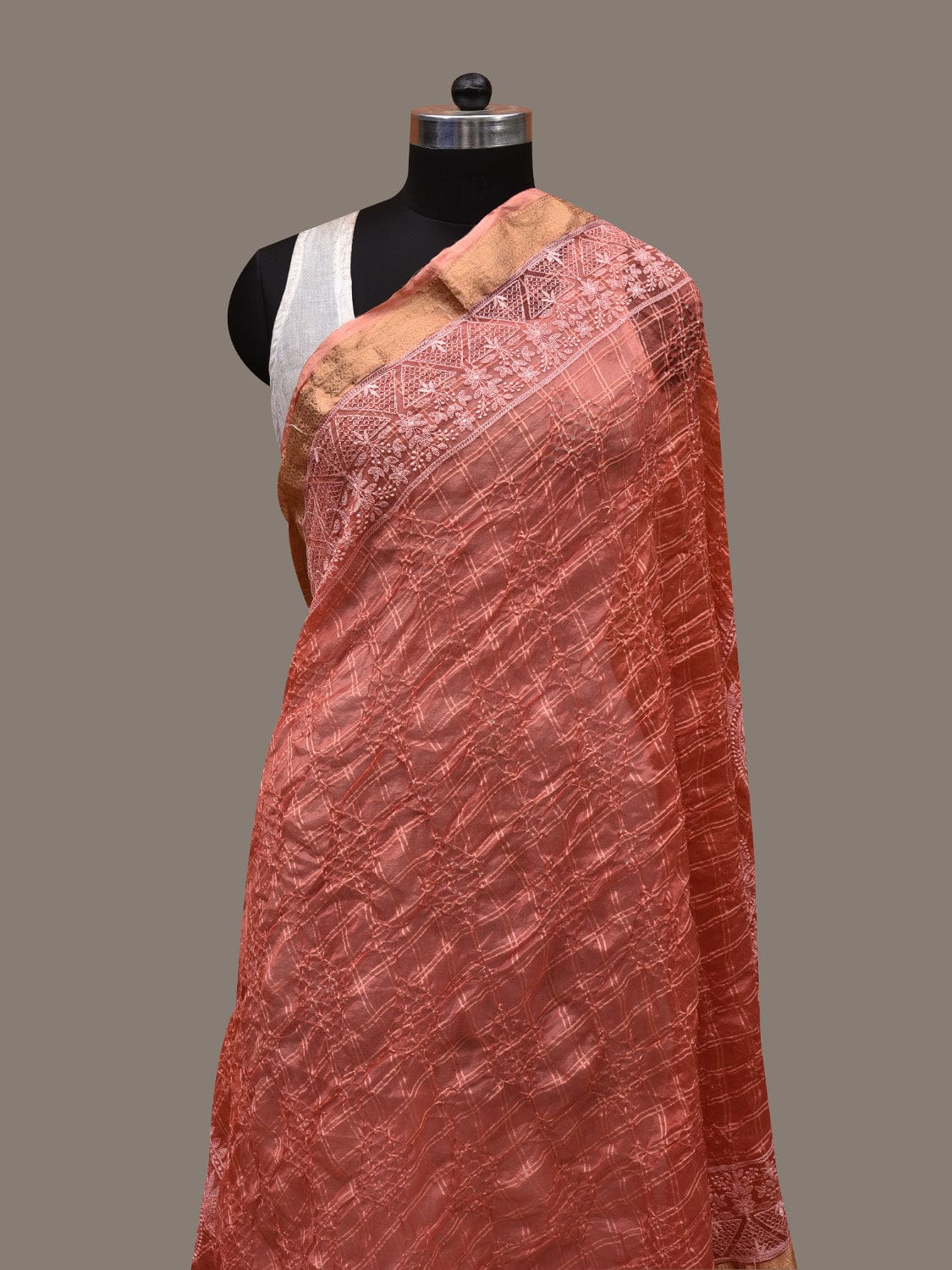 Peach Bandhani Silk Handloom Dupatta with Mango and Border Design ds2905