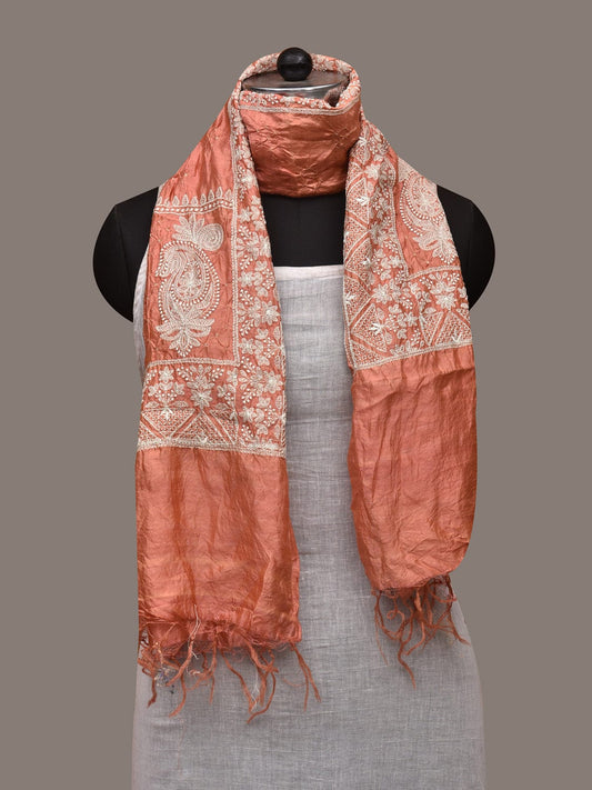 Peach Bandhani Silk Handloom Stole with Mango Embroidary Design ds2968