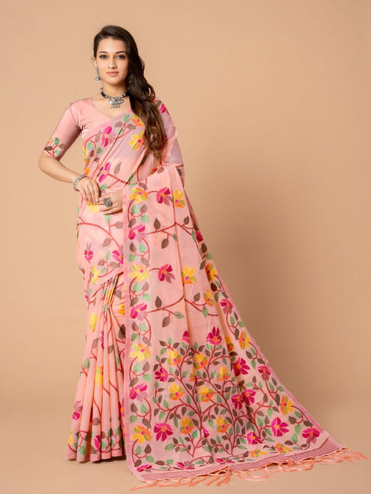 Peach Dhakai Jamdani Cotton Viscose Saree with Floral Border and Pallu Design dj0104