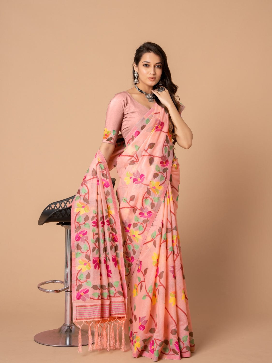 Peach Dhakai Jamdani Cotton Viscose Saree with Floral Border and Pallu Design dj0104