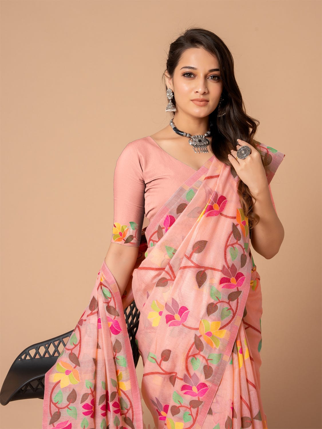 Peach Dhakai Jamdani Cotton Viscose Saree with Floral Border and Pallu Design dj0104