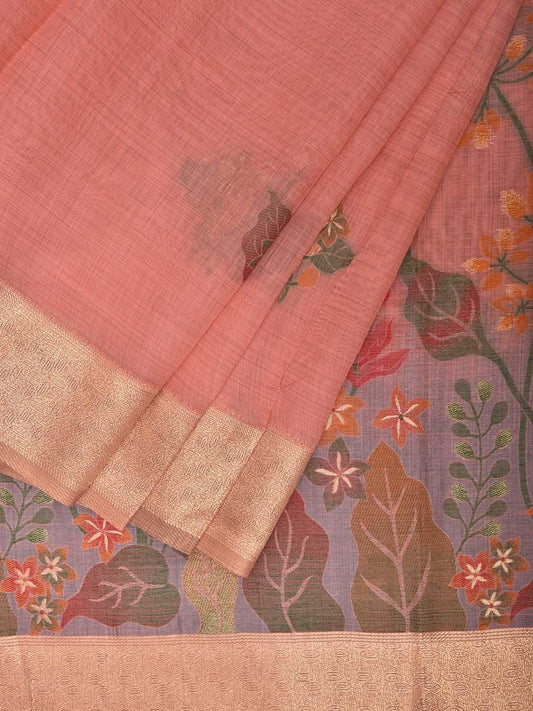 Peach Dhakai Jamdani Cotton Viscose Saree with Floral Pallu and Body Design dj0086