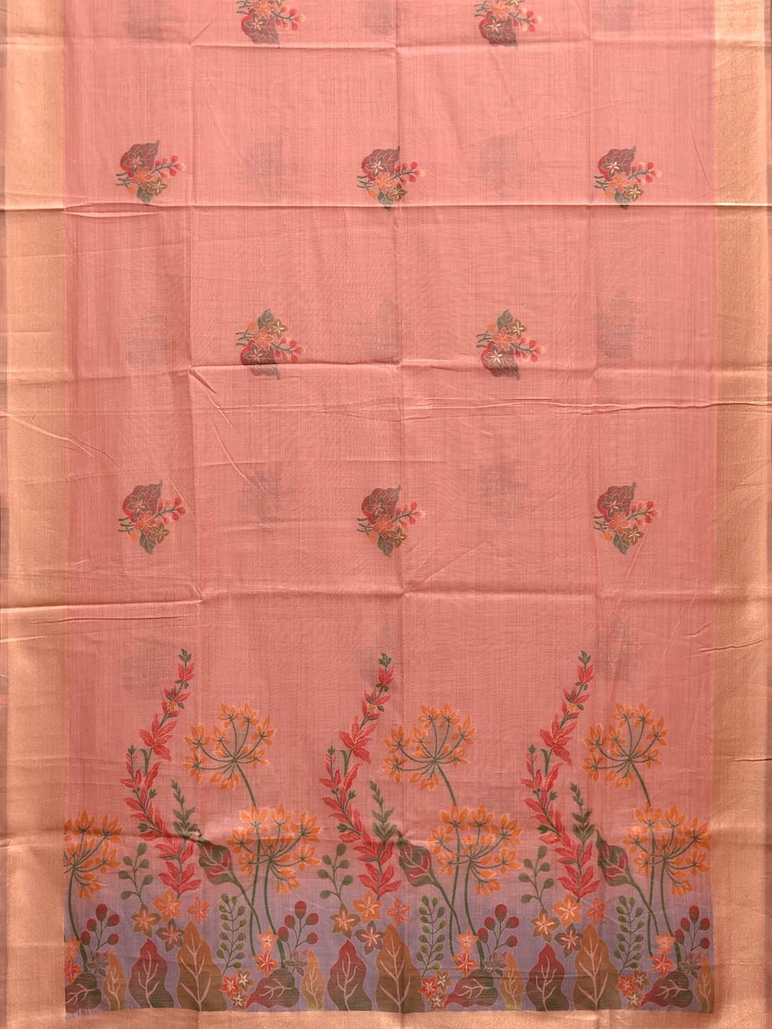 Peach Dhakai Jamdani Cotton Viscose Saree with Floral Pallu and Body Design dj0086