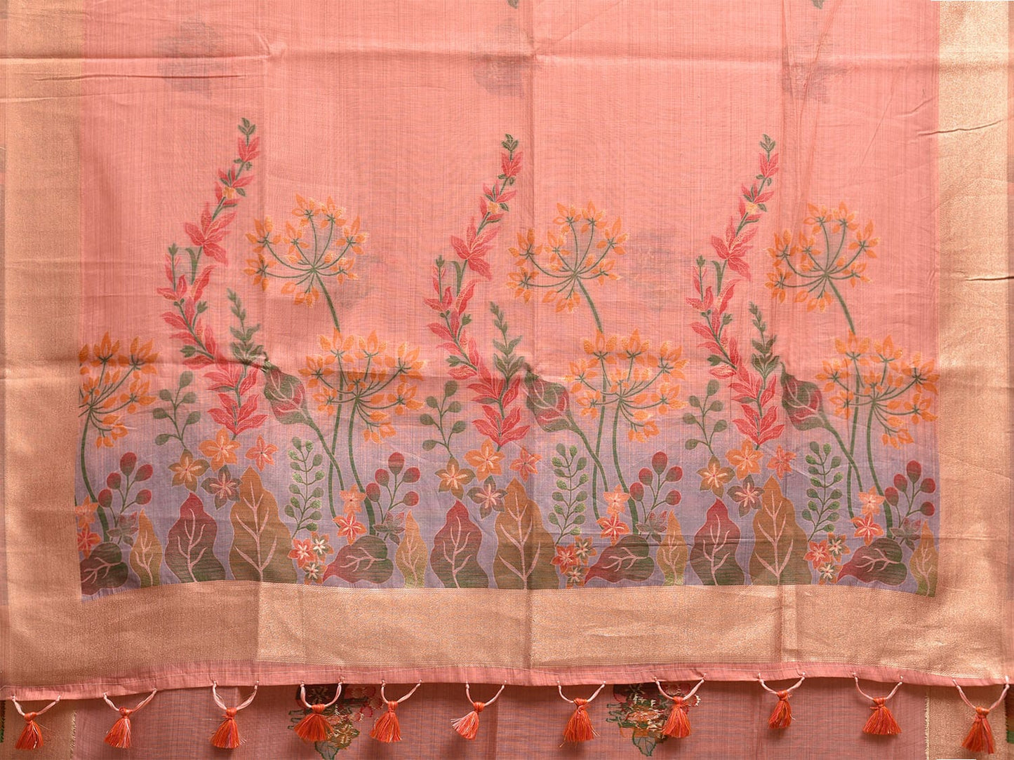 Peach Dhakai Jamdani Cotton Viscose Saree with Floral Pallu and Body Design dj0086