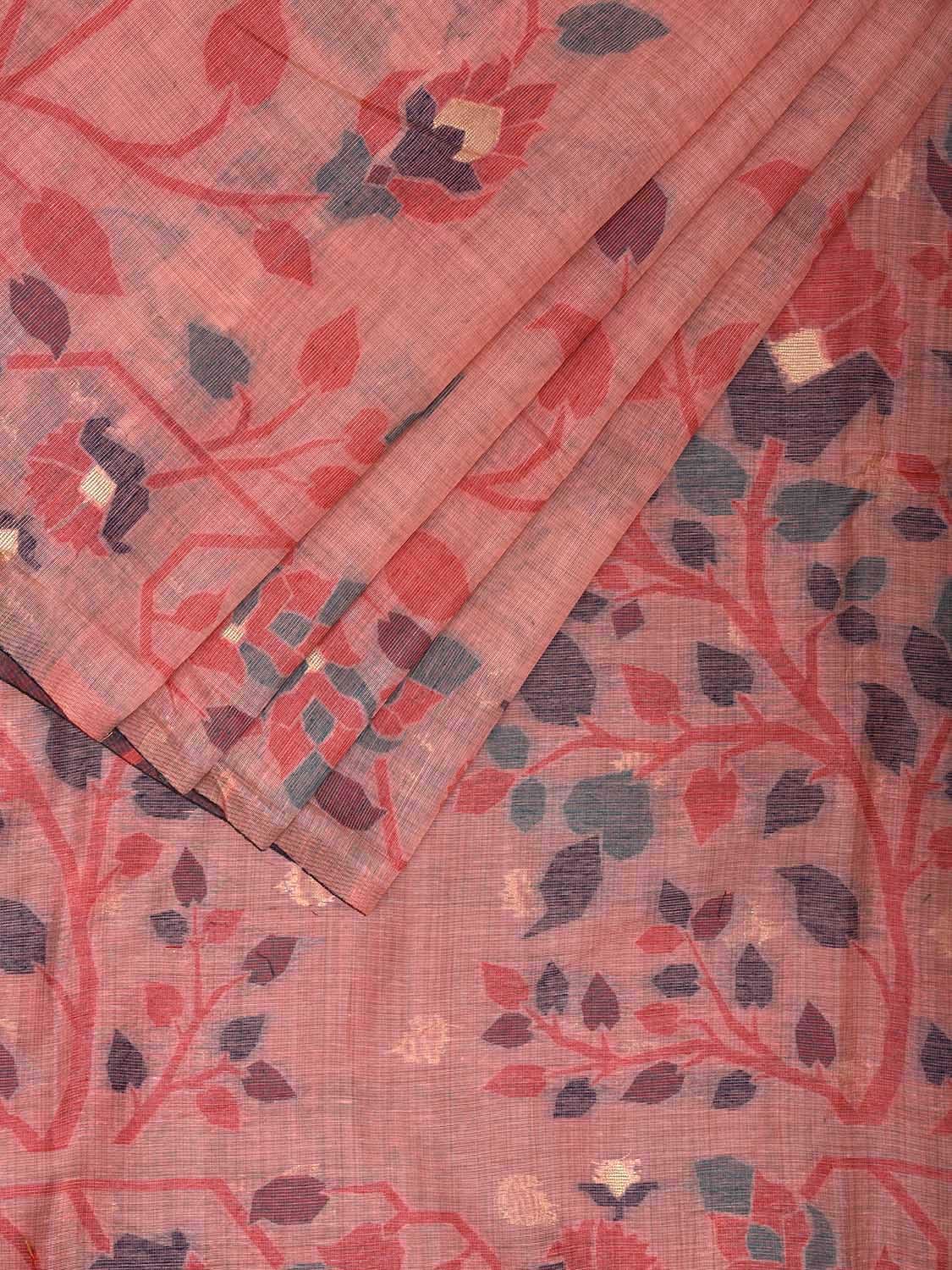 Peach Dhakai Jamdani Cotton Viscose Saree with Floral Plants Design dj0058