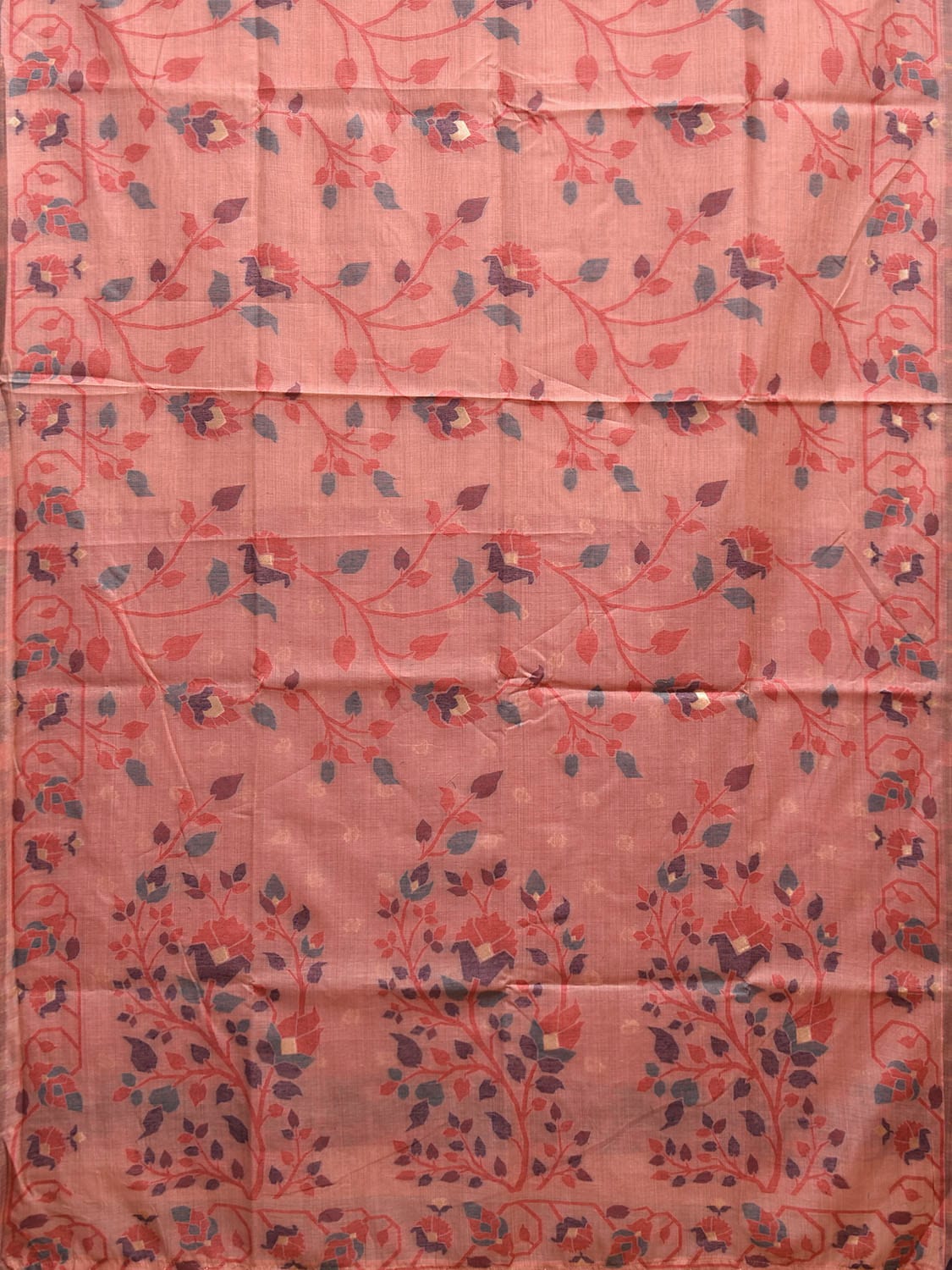 Peach Dhakai Jamdani Cotton Viscose Saree with Floral Plants Design dj0058