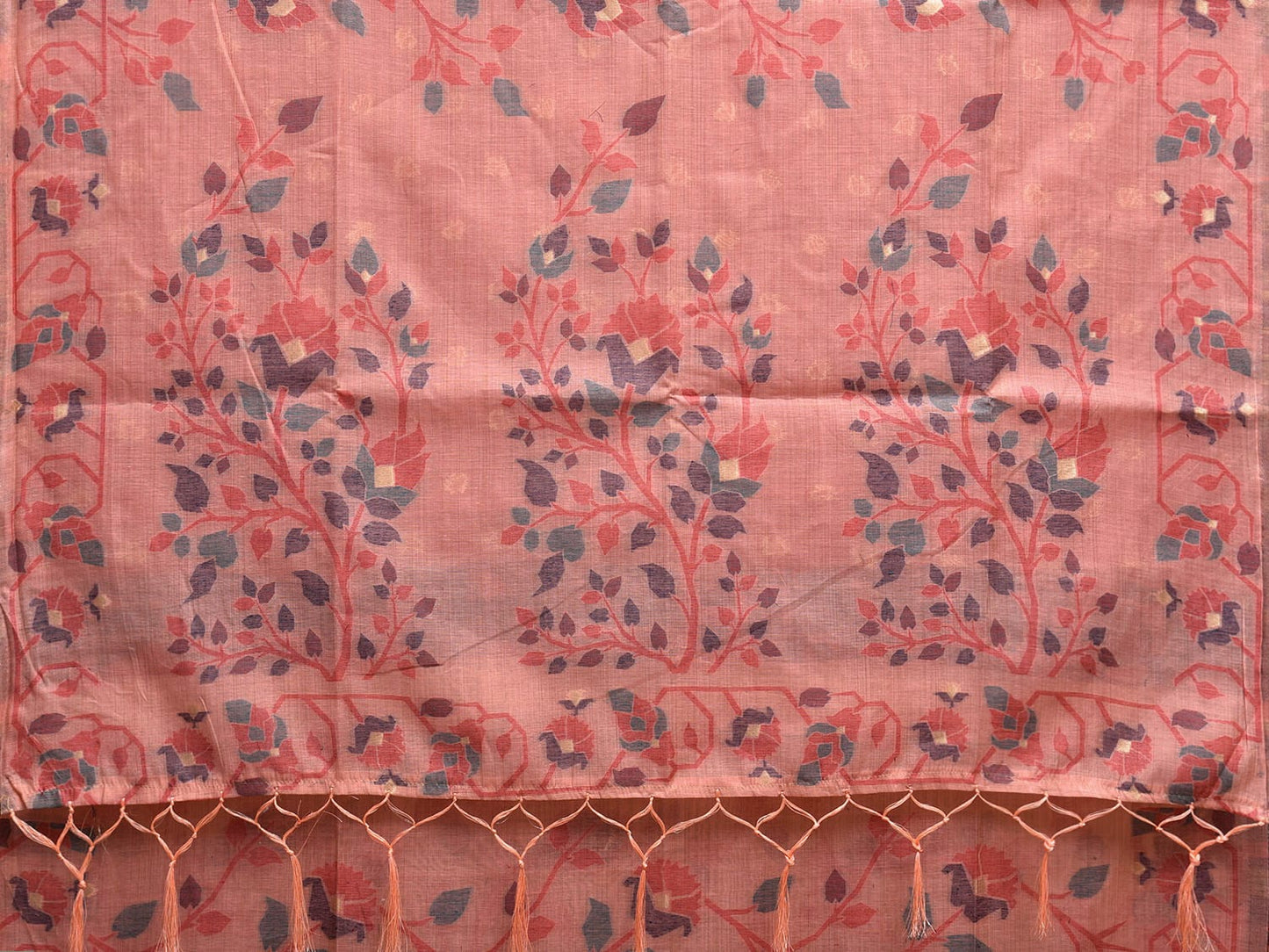 Peach Dhakai Jamdani Cotton Viscose Saree with Floral Plants Design dj0058