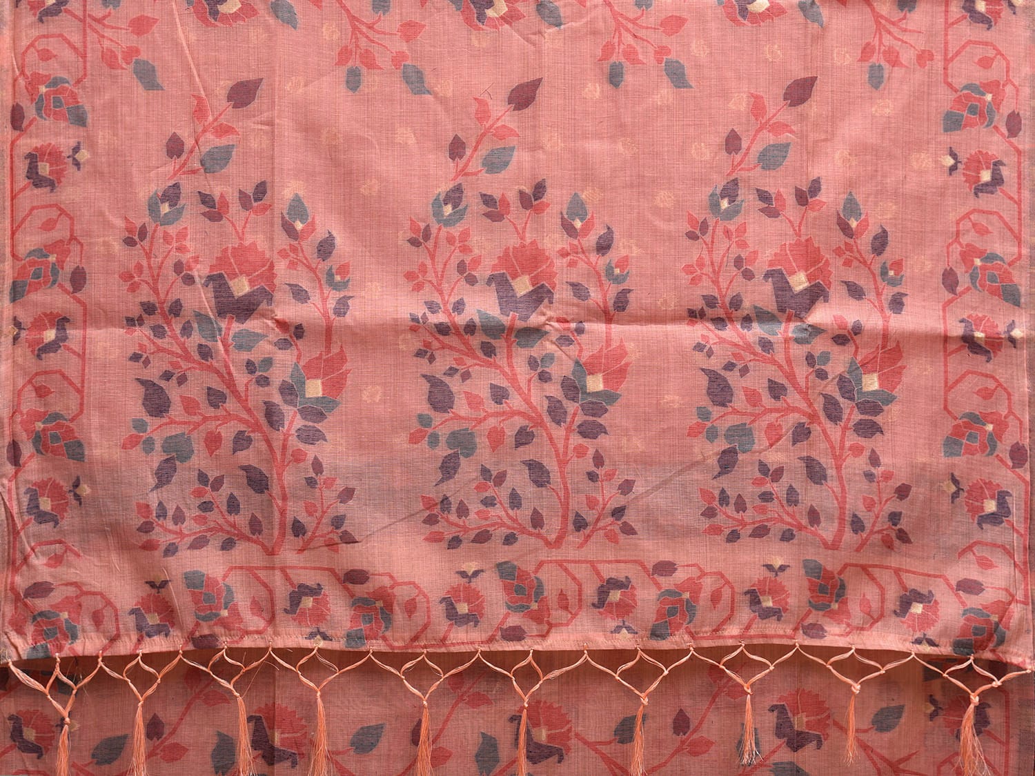 Peach Dhakai Jamdani Cotton Viscose Saree with Floral Plants Design dj0058