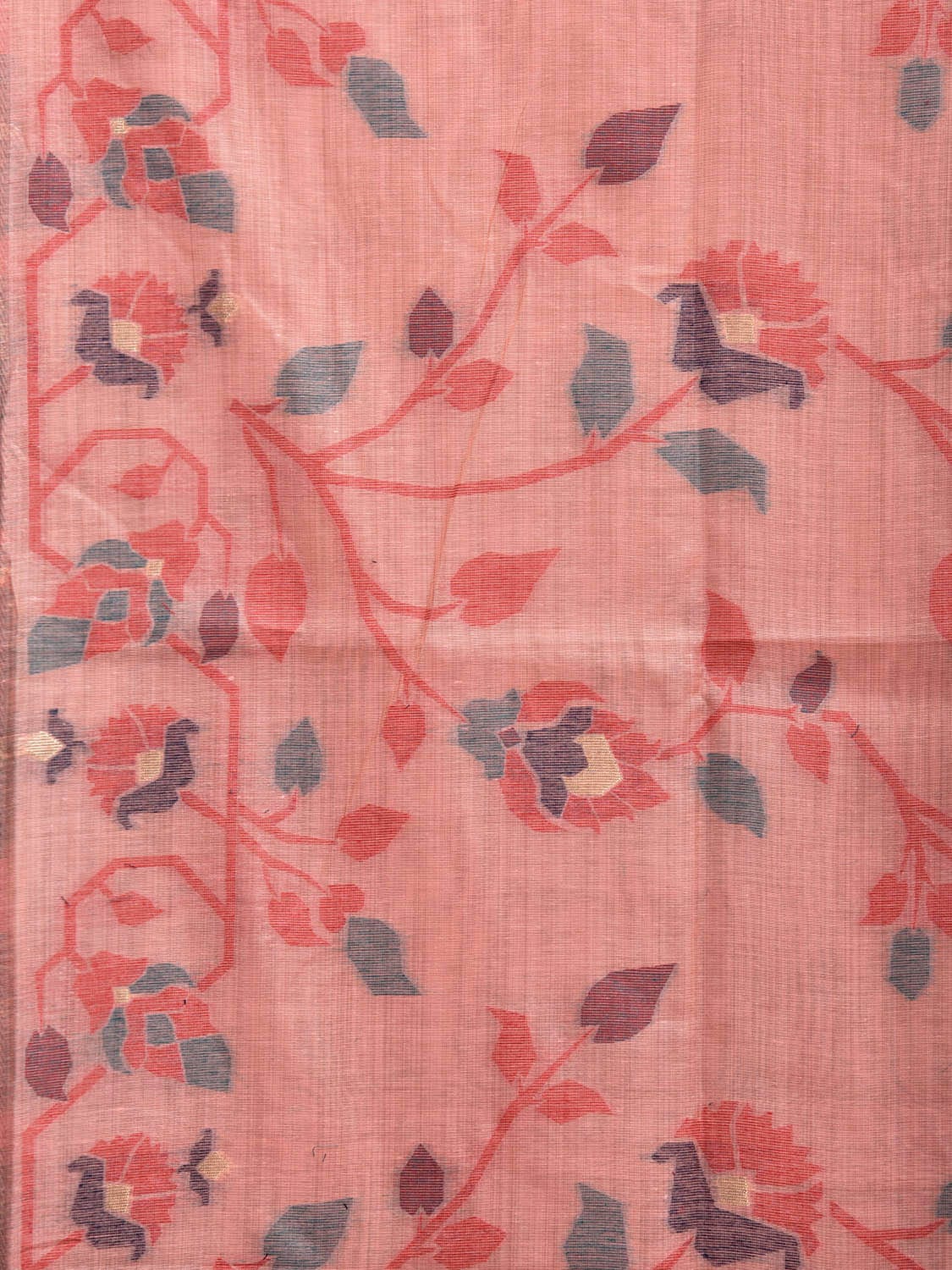Peach Dhakai Jamdani Cotton Viscose Saree with Floral Plants Design dj0058