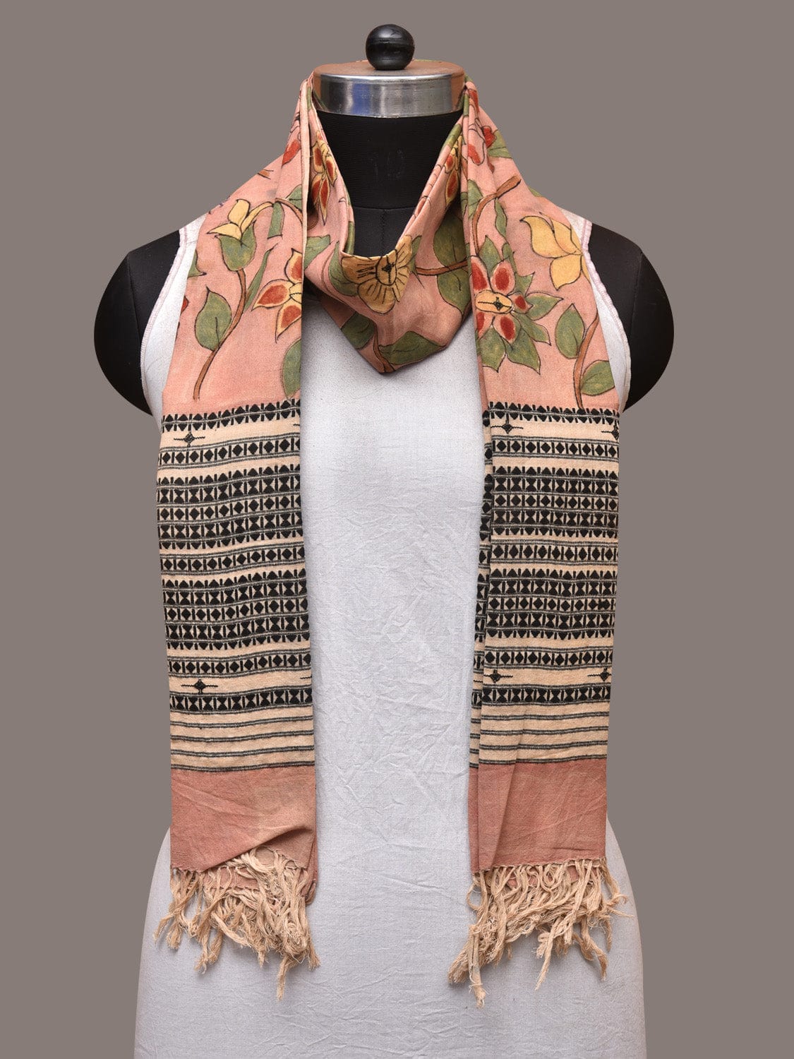 Peach Kalamkari Hand Painted Cotton Bhujodi Handloom Dupatta with Floral Design ds3512