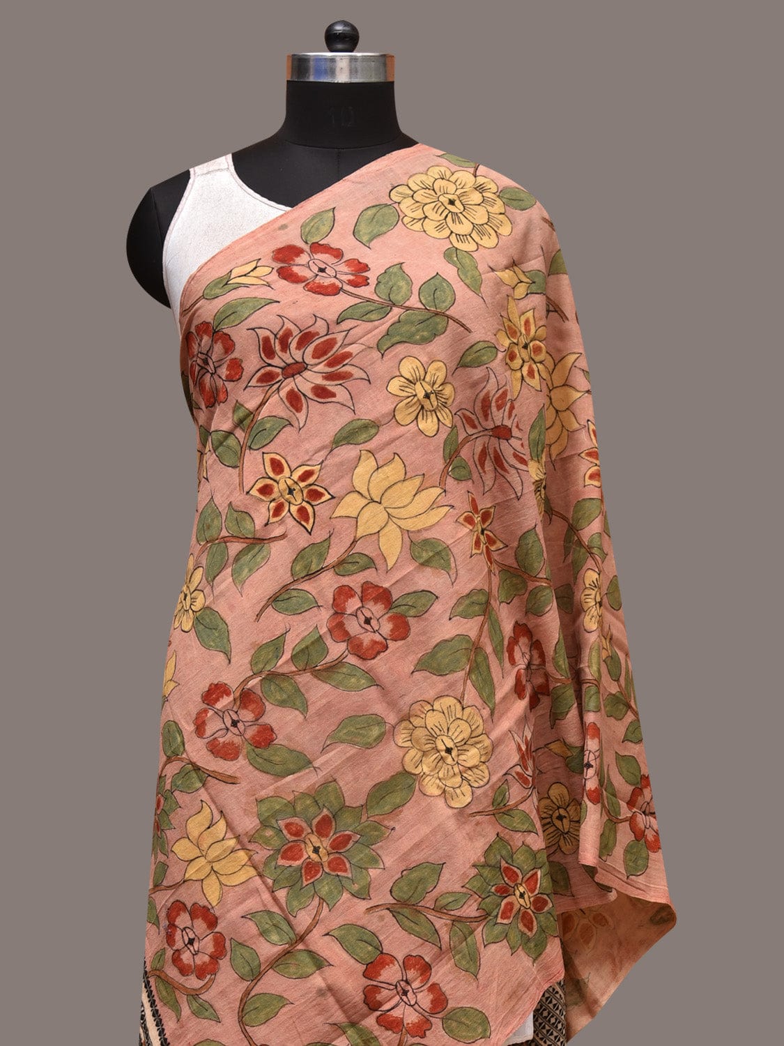 Peach Kalamkari Hand Painted Cotton Bhujodi Handloom Dupatta with Floral Design ds3512