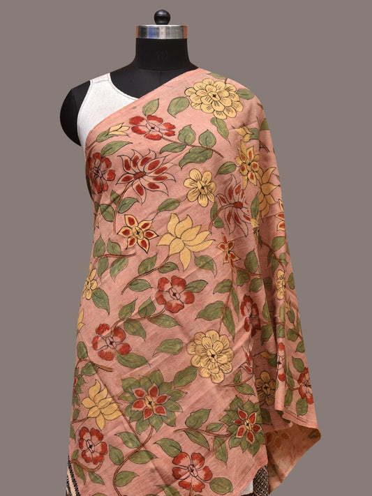 Peach Kalamkari Hand Painted Cotton Bhujodi Handloom Dupatta with Floral Design ds3512