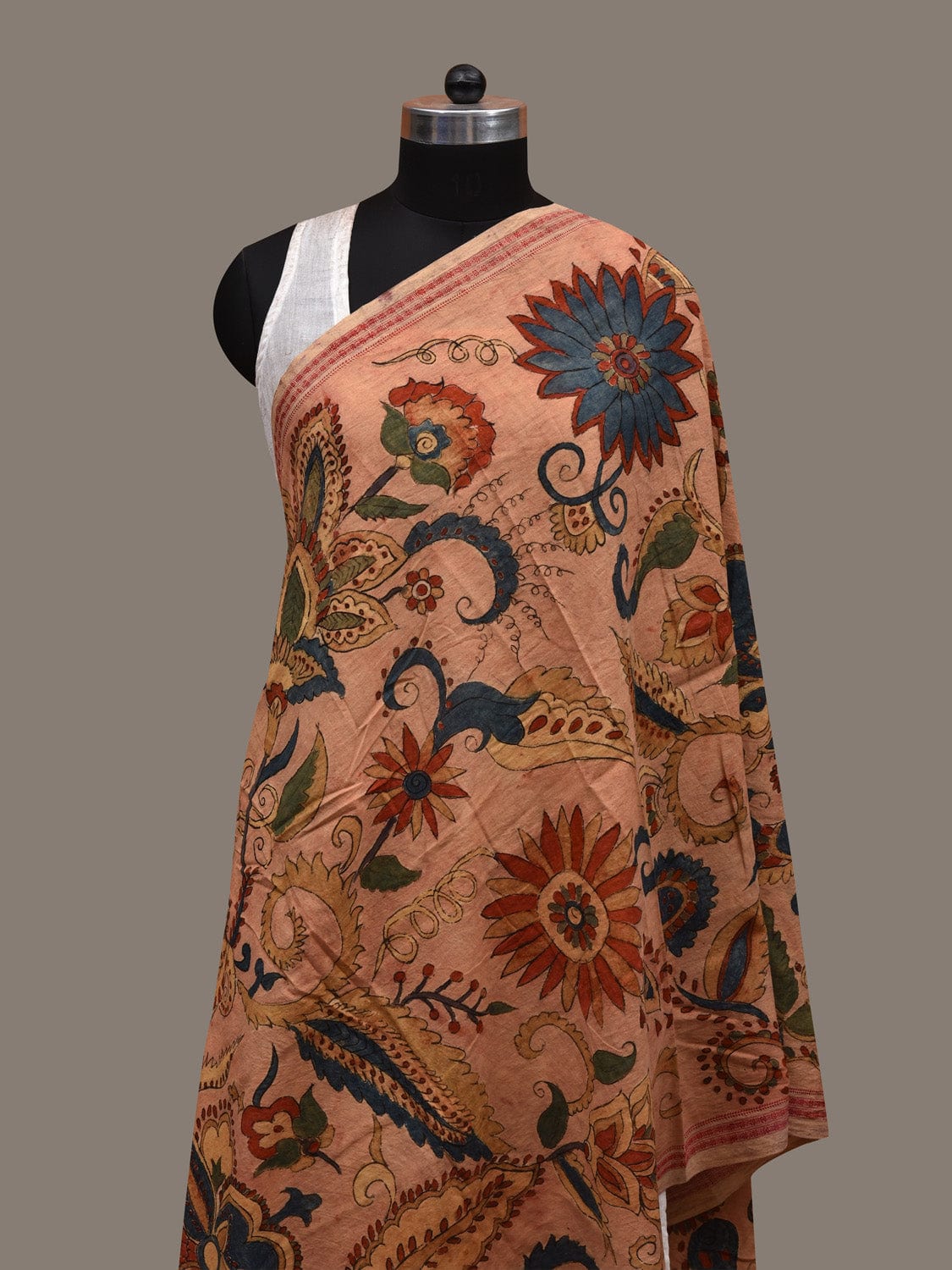 Peach Kalamkari Hand Painted Cotton Handloom Dupatta with Doby Border and Floral Design ds2870
