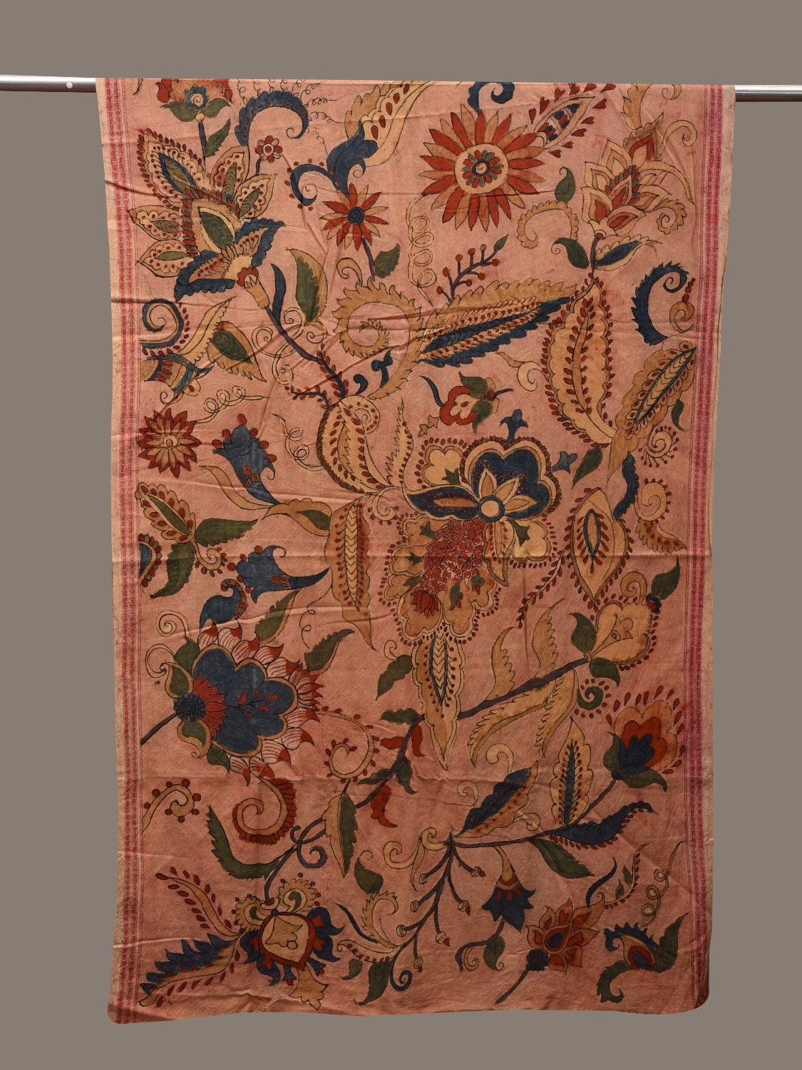 Peach Kalamkari Hand Painted Cotton Handloom Dupatta with Doby Border and Floral Design ds2870