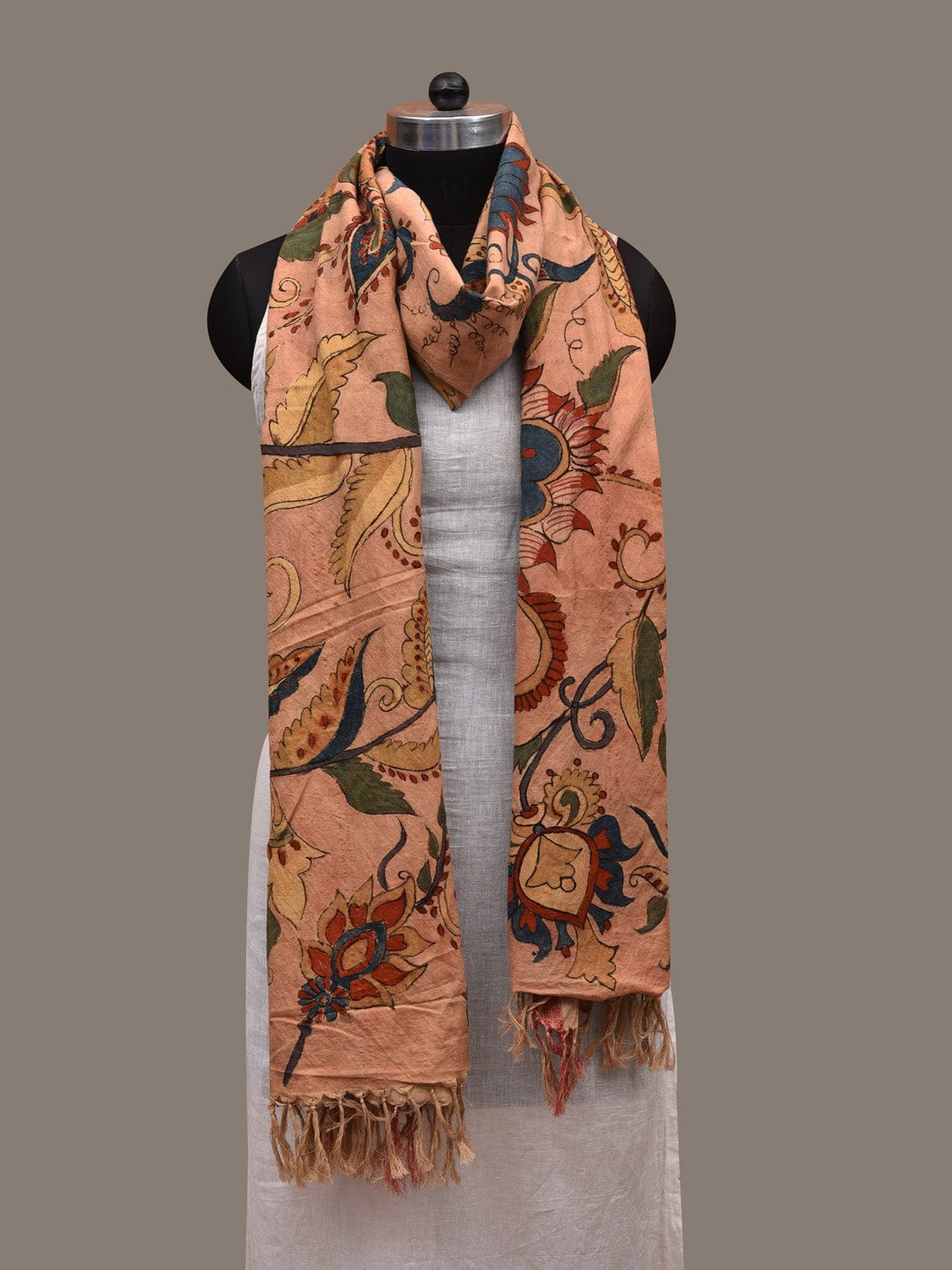Peach Kalamkari Hand Painted Cotton Handloom Dupatta with Doby Border and Floral Design ds2870