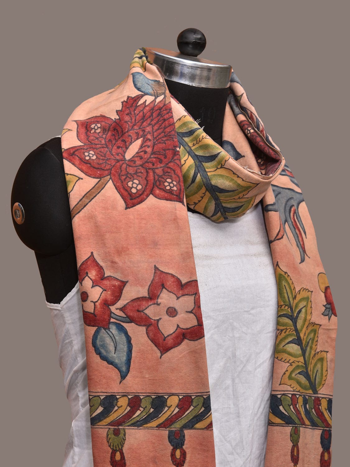 Peach Kalamkari Hand Painted Cotton Handloom Dupatta with Exotic Floral Design ds3180