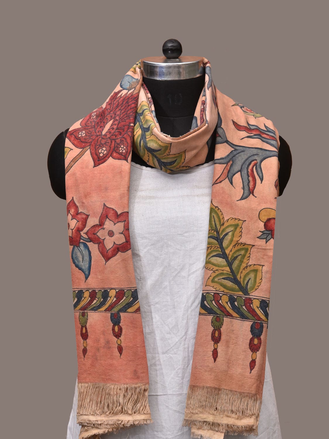 Peach Kalamkari Hand Painted Cotton Handloom Dupatta with Exotic Floral Design ds3180