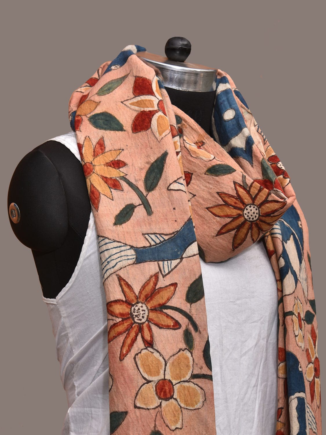 Peach Kalamkari Hand Painted Cotton Handloom Dupatta with Fish and Floral Design ds3179