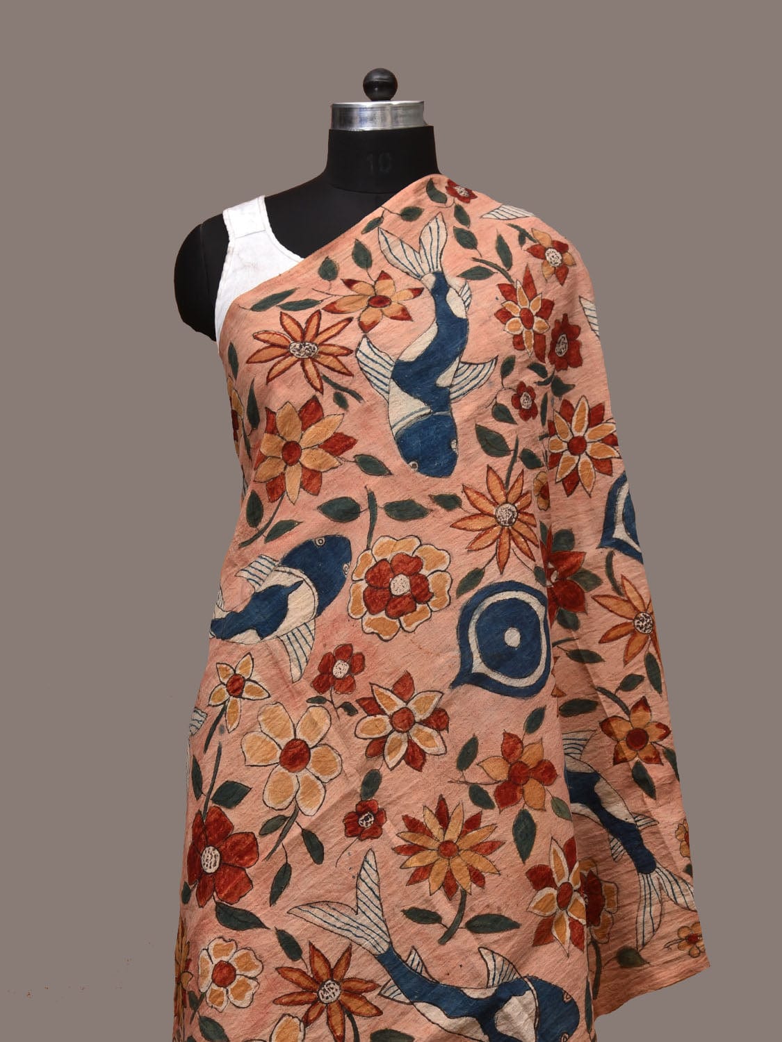 Peach Kalamkari Hand Painted Cotton Handloom Dupatta with Fish and Floral Design ds3179