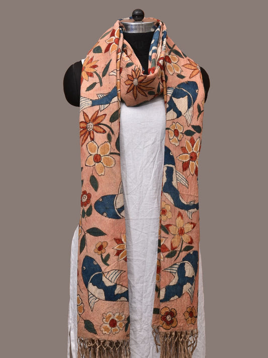 Peach Kalamkari Hand Painted Cotton Handloom Dupatta with Fish and Floral Design ds3179