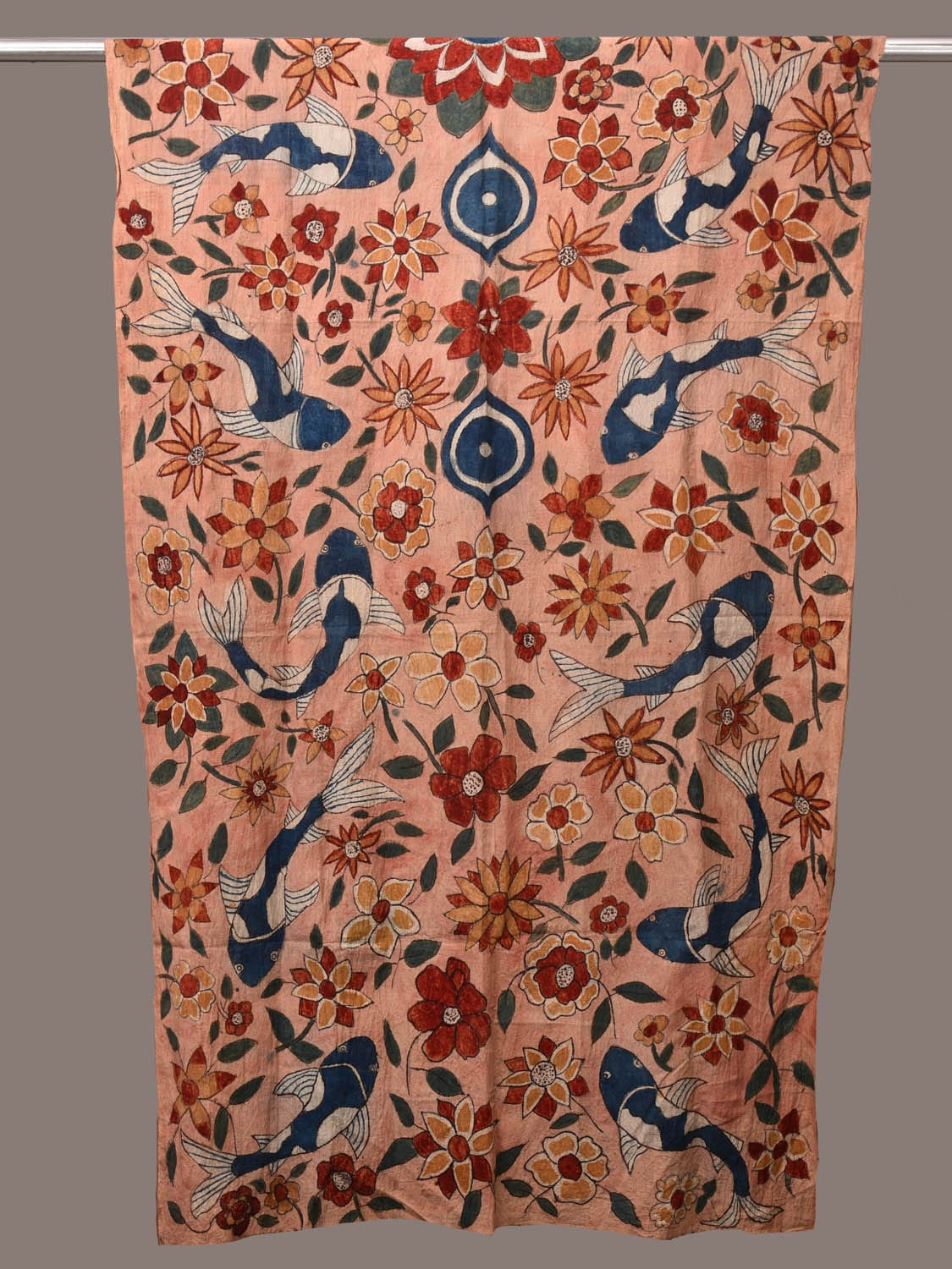 Peach Kalamkari Hand Painted Cotton Handloom Dupatta with Fish and Floral Design ds3179