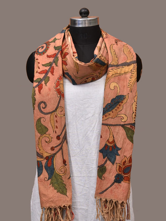 Peach Kalamkari Hand Painted Cotton Handloom Dupatta with Floral and Doby Border Design ds3182