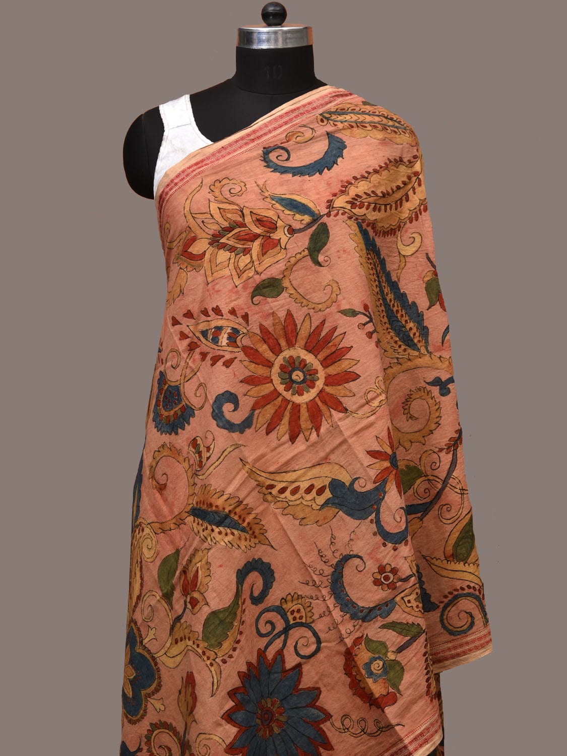 Peach Kalamkari Hand Painted Cotton Handloom Dupatta with Floral and Doby Border Design ds3182
