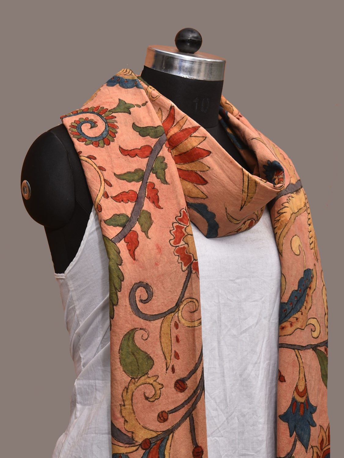 Peach Kalamkari Hand Painted Cotton Handloom Dupatta with Floral and Doby Border Design ds3182