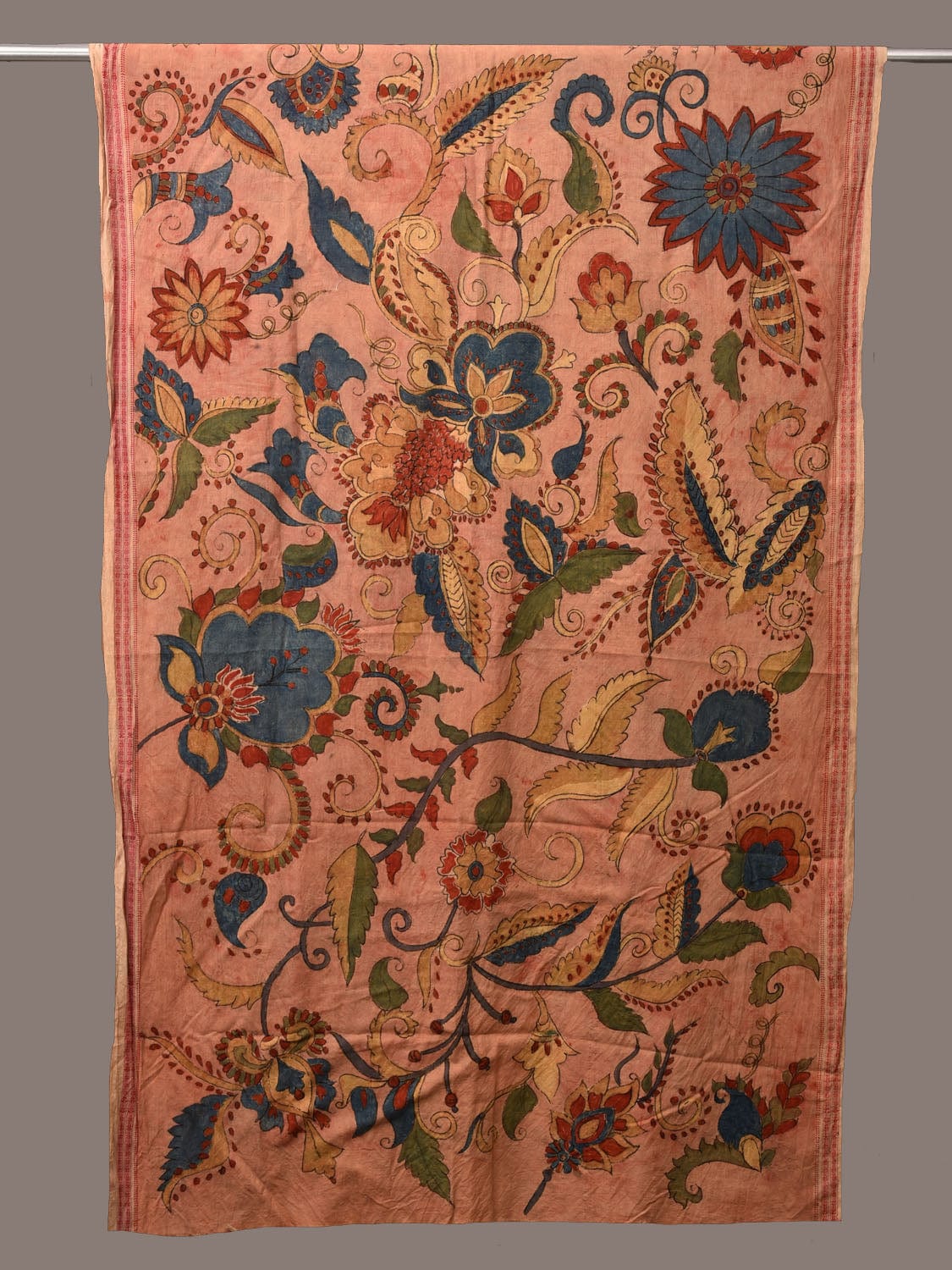 Peach Kalamkari Hand Painted Cotton Handloom Dupatta with Floral and Doby Border Design ds3182