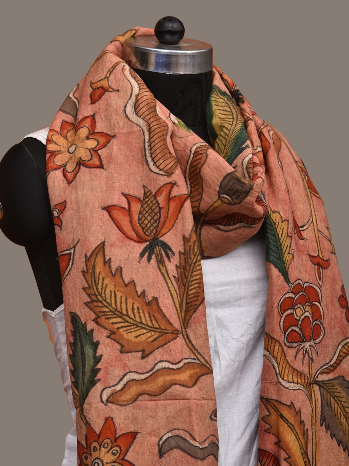 Peach Kalamkari Hand Painted Cotton Handloom Dupatta with Floral Design ds3126