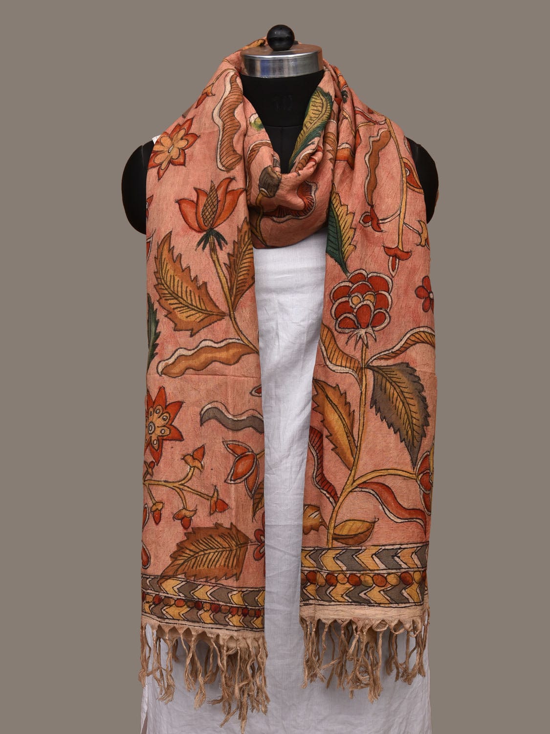 Peach Kalamkari Hand Painted Cotton Handloom Dupatta with Floral Design ds3126