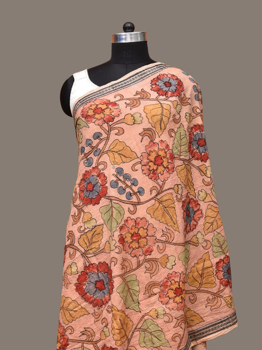 Peach Kalamkari Hand Painted Cotton Handloom Dupatta with Floral Design ds3271