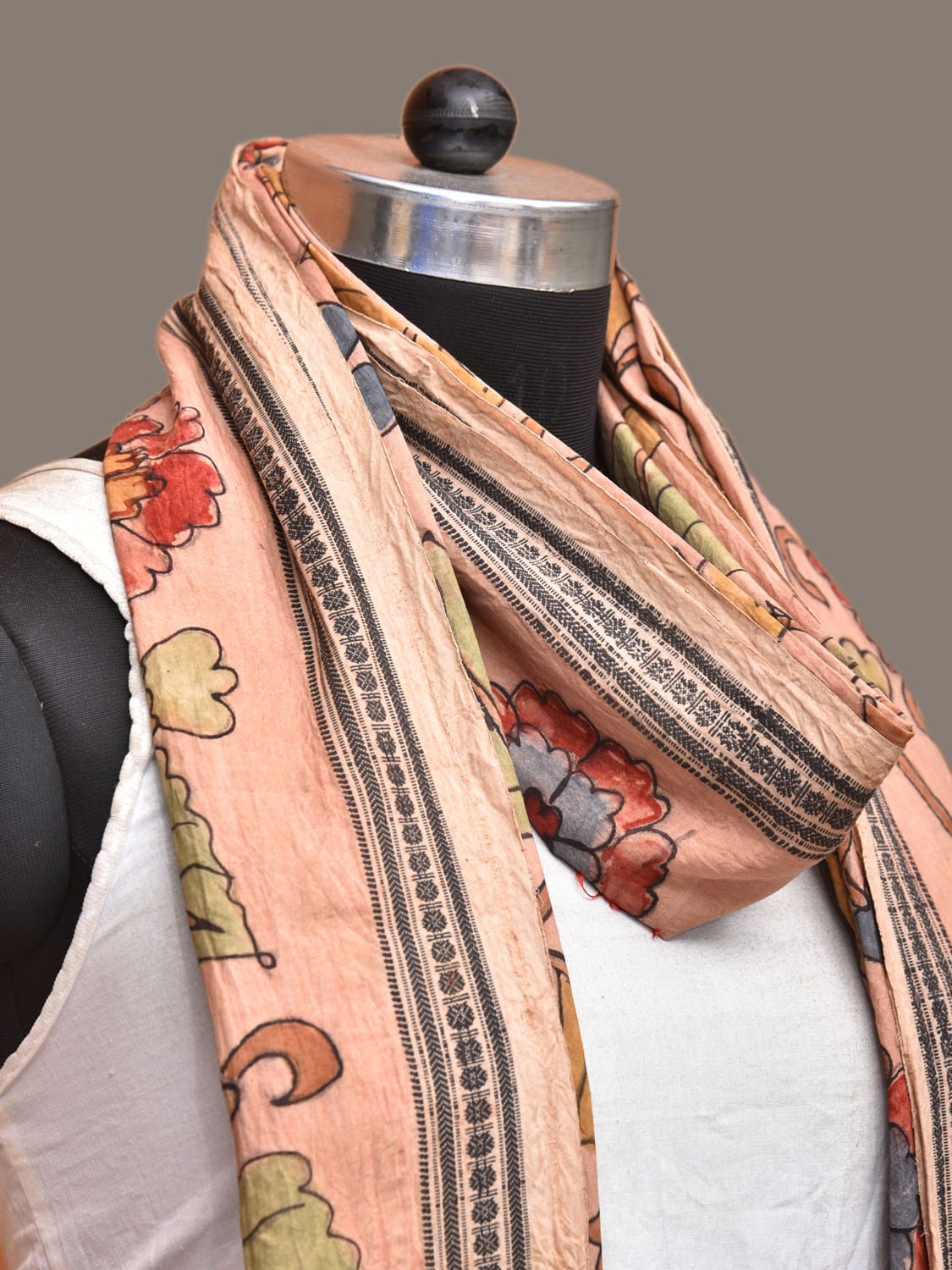 Peach Kalamkari Hand Painted Cotton Handloom Dupatta with Floral Design ds3271