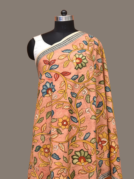 Peach Kalamkari Hand Painted Cotton Handloom Dupatta with Floral Design ds3280