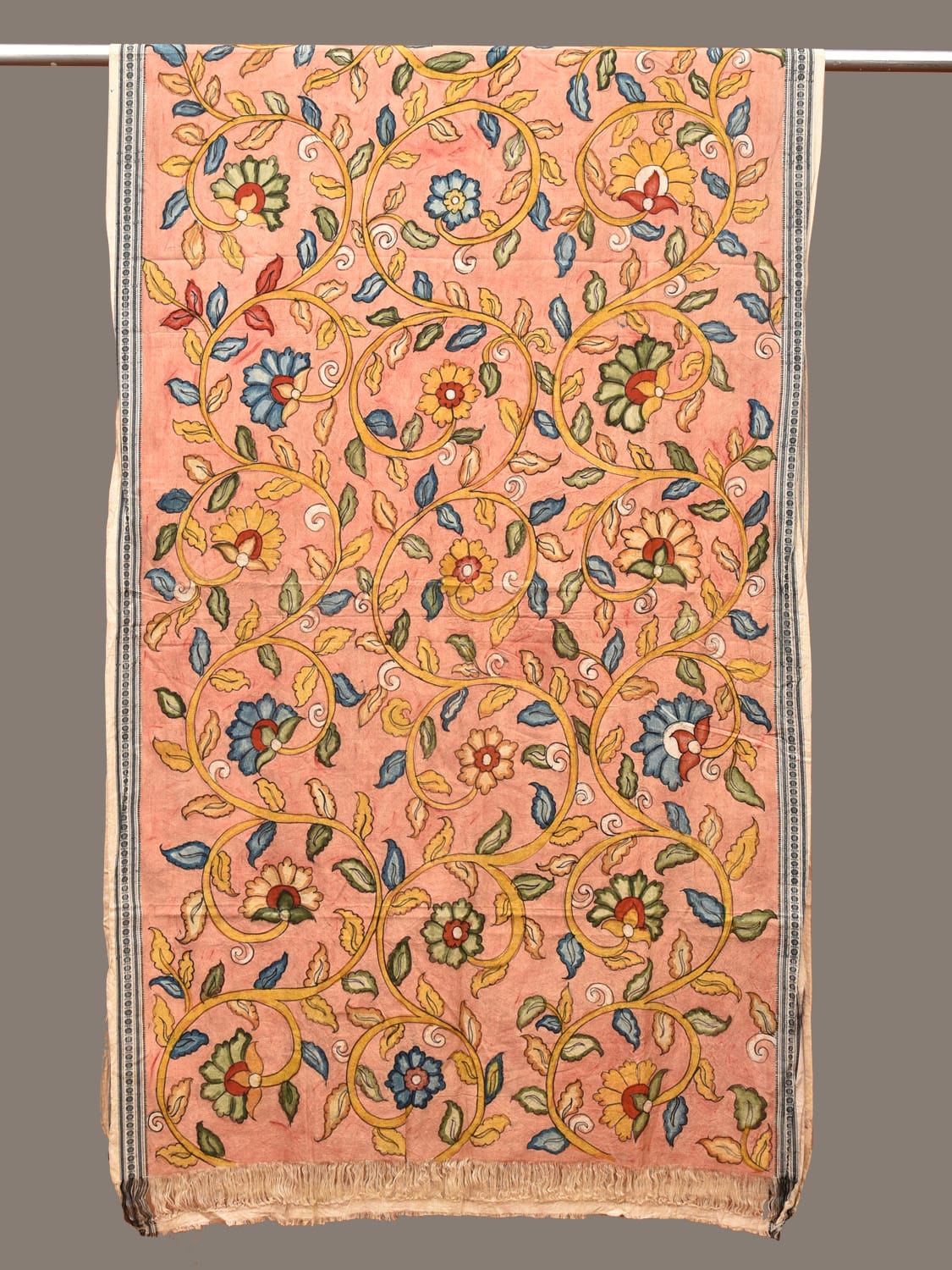 Peach Kalamkari Hand Painted Cotton Handloom Dupatta with Floral Design ds3280