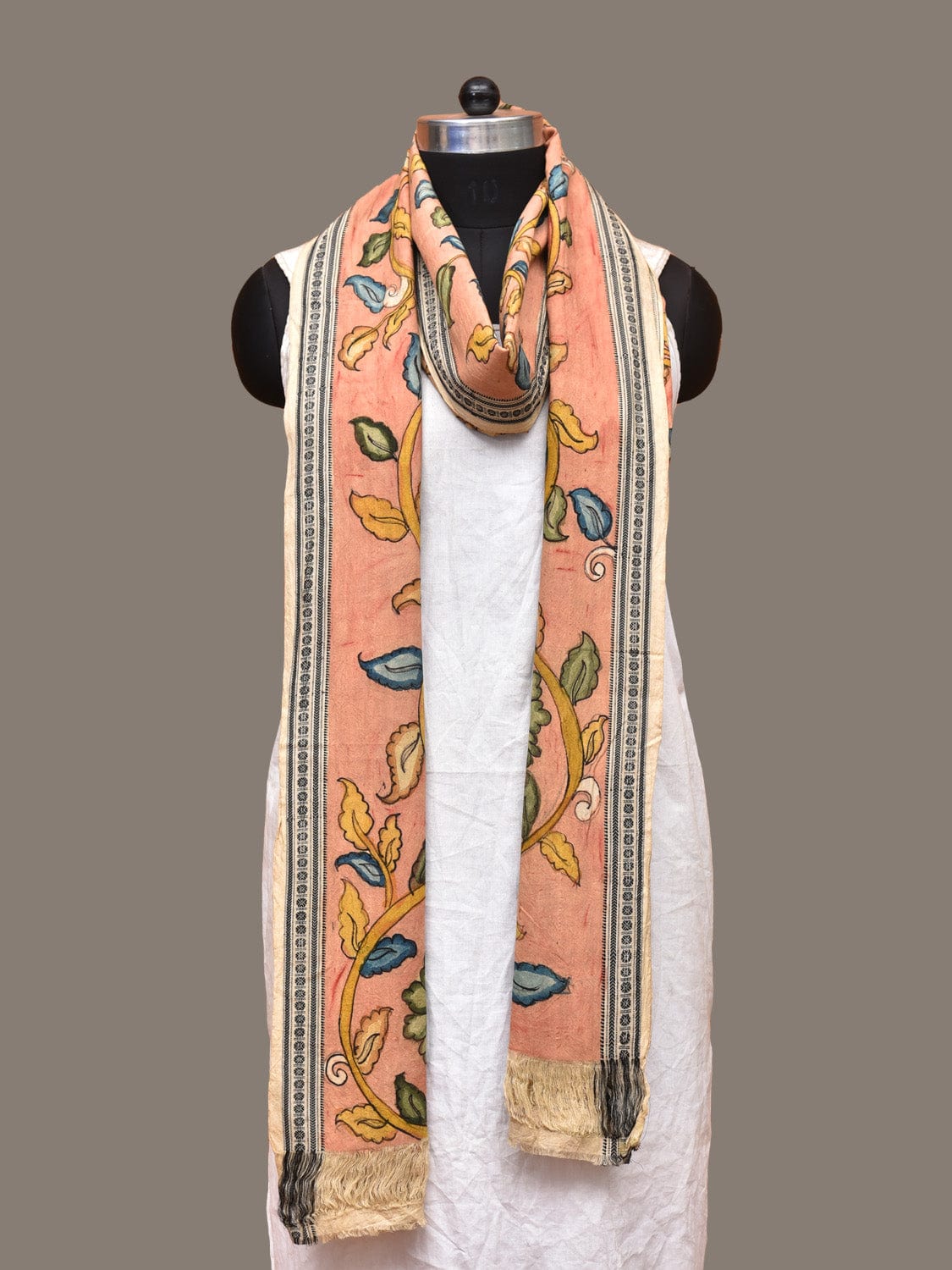 Peach Kalamkari Hand Painted Cotton Handloom Dupatta with Floral Design ds3280