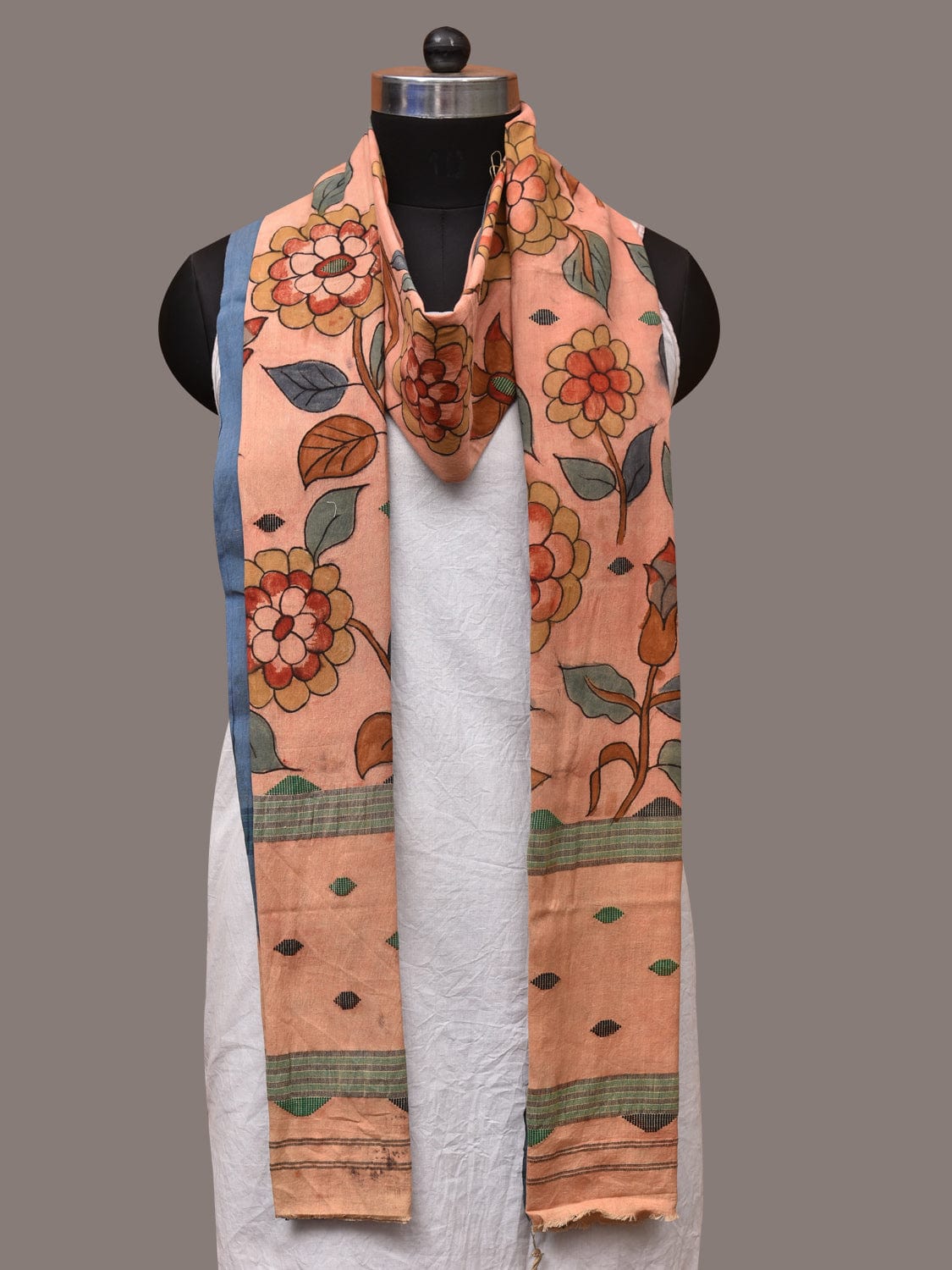 Peach Kalamkari Hand Painted Cotton Handloom Dupatta with Floral Design ds3507