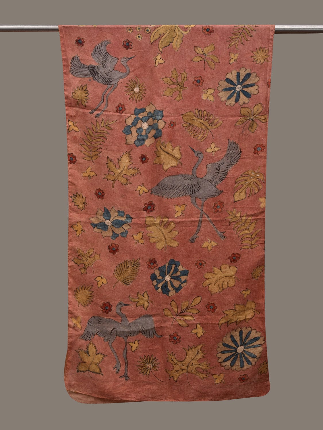 Peach Kalamkari Hand Painted Cotton Handloom Stole with Flowers and Birds Design ds2828