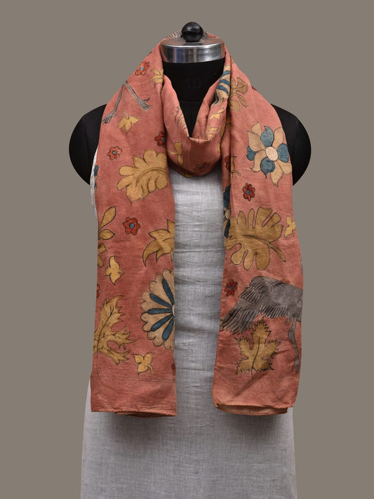 Peach Kalamkari Hand Painted Cotton Handloom Stole with Flowers and Birds Design ds2828