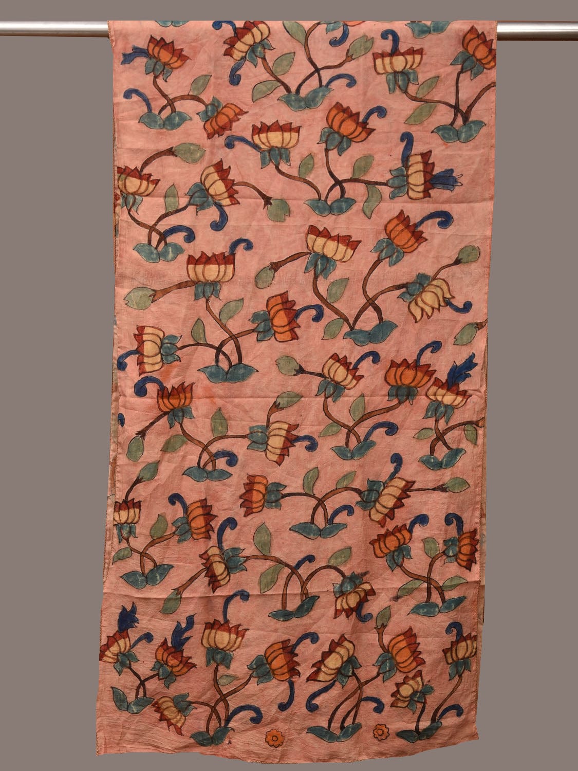 Peach Kalamkari Hand Painted Cotton Handloom Stole with Lotus Flowers Design ds3198