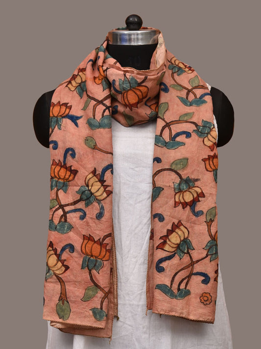 Peach Kalamkari Hand Painted Cotton Handloom Stole with Lotus Flowers Design ds3198
