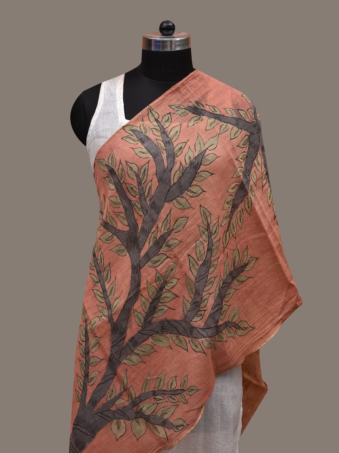 Peach Kalamkari Hand Painted Cotton Handloom Stole with Tree and Deer Design ds2763