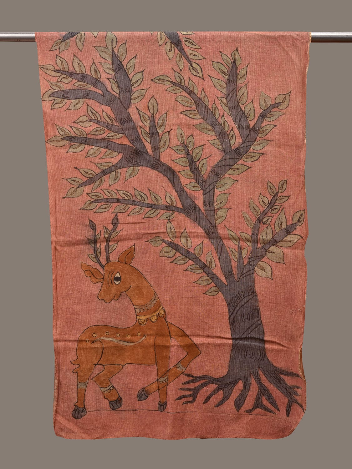 Peach Kalamkari Hand Painted Cotton Handloom Stole with Tree and Deer Design ds2763