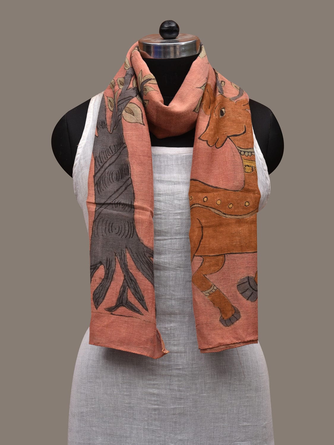 Peach Kalamkari Hand Painted Cotton Handloom Stole with Tree and Deer Design ds2763