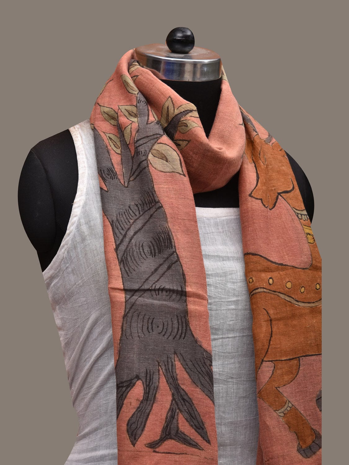 Peach Kalamkari Hand Painted Cotton Handloom Stole with Tree and Deer Design ds2763